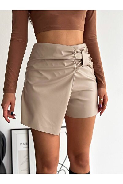 MDZ COLLECTION Kadın Kahverengi Fiyonk Detaylı Cepsiz Pileli Yüksek Bel Deri Mini Şort Etek