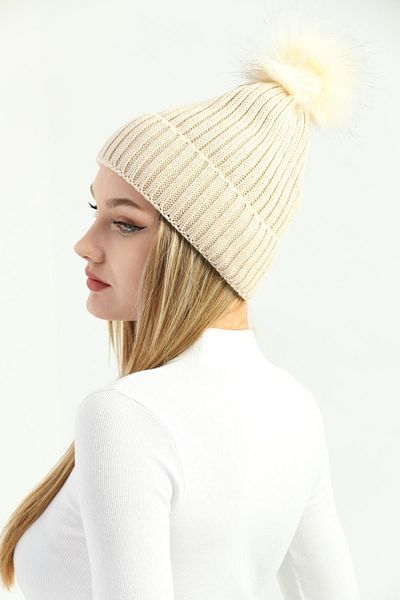 Ritagarcia Women's Winter Beige Pompom Knitwear Beret