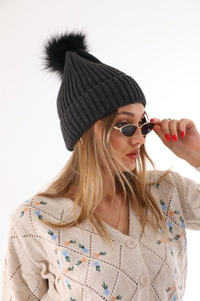 Ritagarcia Women's Winter Anthracite Pompom Knitwear Beret