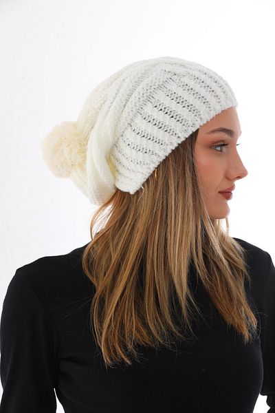 Ritagarcia Women's Thick Ecru Knitted Pompom Beret
