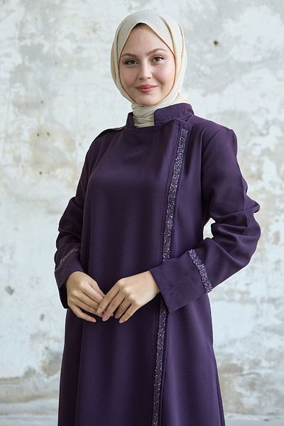 InStyle Stone Detailed Collar and Front Robe Plum Ferace