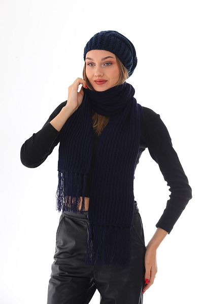 Ritagarcia Set beanie eșarfă cu pompon albastru bleumarin tricotat gros