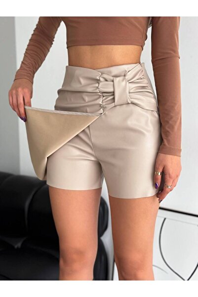 MDZ COLLECTION Kadın Kahverengi Fiyonk Detaylı Cepsiz Pileli Yüksek Bel Deri Mini Şort Etek