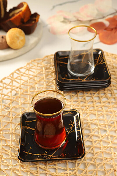 B&M Siyah Mermer Desenli Kare Çay Seti 12 Parça
