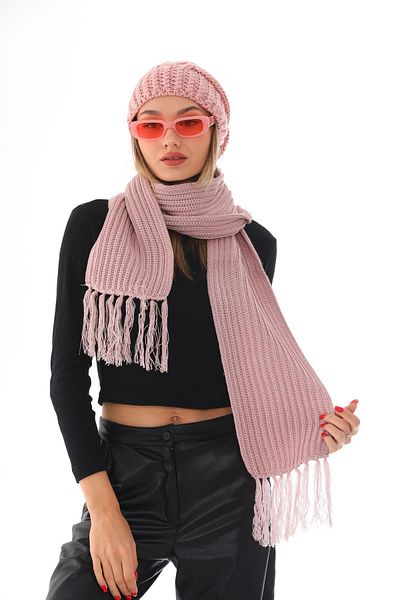 Ritagarcia Set beanie eșarfă cu pompon pudră tricotată gros
