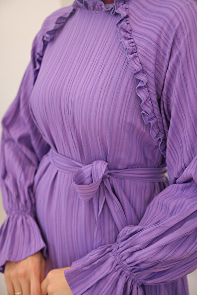 benguen 2084 Model Lilac Dress - Belt and Ruffle Detail