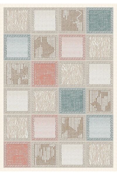 Sermod Kareli Modern Krem Yeşil Pembe Karışık Kaymaz Süngerli Halı Örtüsü