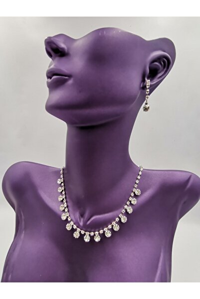 MELİH BİJUTERİ Su Yolu Abiye Kolye Küpe Set i Kristal Taşlı Gelin Kolye Küpe Set