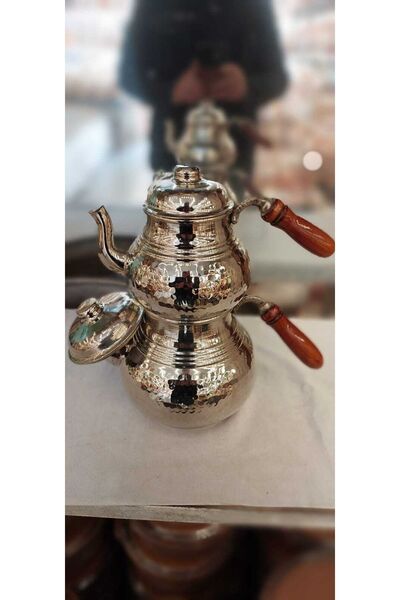 Bakır Center إبريق شاي نحاسي بني اللون مزين بالنيكل - إبريق شاي بمقبض مزين يد...
