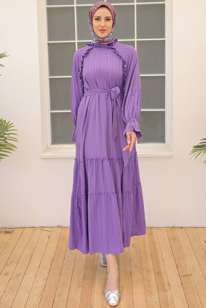 benguen 2084 Model Lilac Dress - Belt and Ruffle Detail