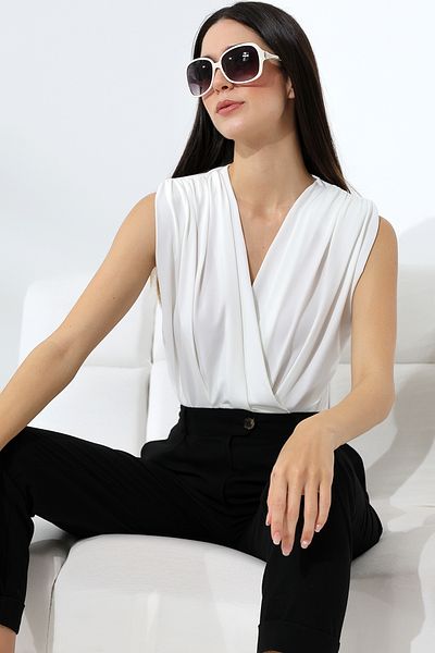 DWOZ Ecru Women's Knitted Blouse - Wrap Collar, Padded and Snap