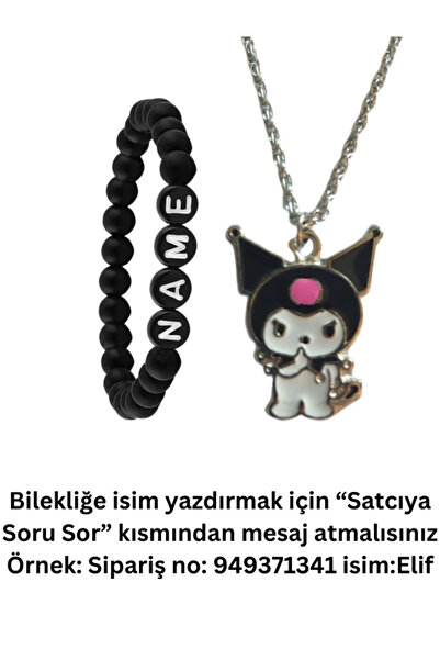 Black Point Kuromi kolye ve isimli Bileklik 2 si bir arada ,doğal taş bilekli...