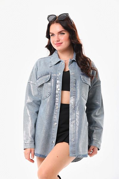 ESB Design Jachetă lungă din denim cu buzunare cu detaliu cu sclipici albastre - A36-091