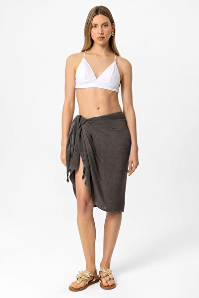 Deriderim Pareo de vară din bumbac legat în talie cu ciucuri antracit