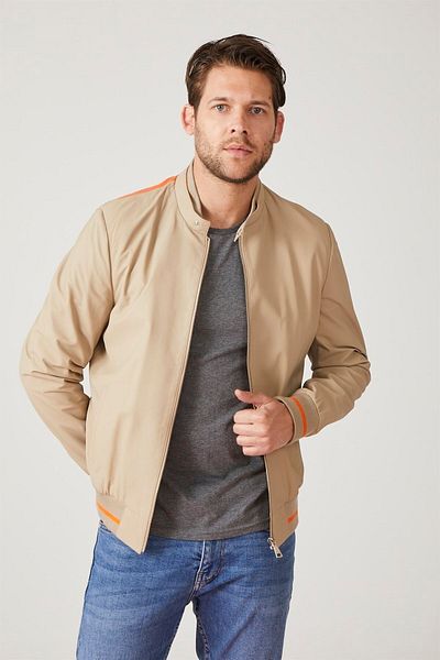 Deriderim Beige Stockholm Ikigai Hand Drawing Digital Printed Zippered Lined Men's Genuine Leather Bomber Coat