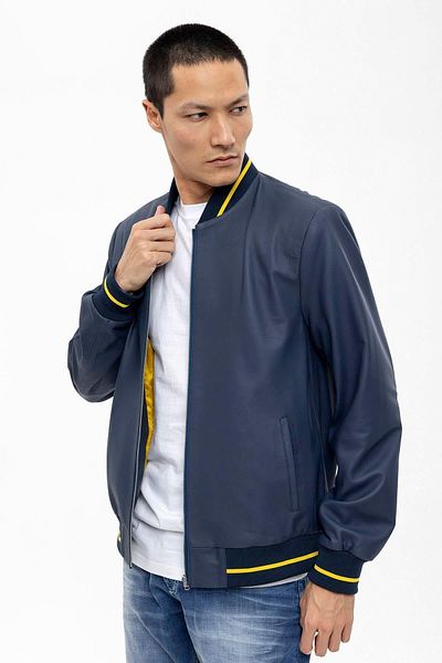 Deriderim Leo Navy Blue Men's Genuine Leather Coat with Knitwear and Zippered Lining on Waist and Sleeve