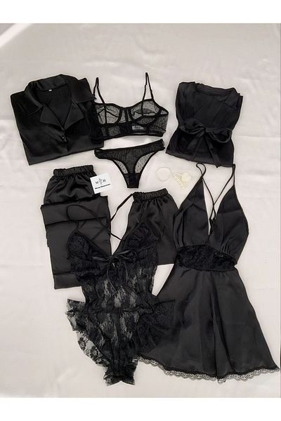 MH Moony Homewears Cutie 8 piese Pijamale din satin negru Lenjerie de noapte Lenjerie de corp Set de zestre gigant