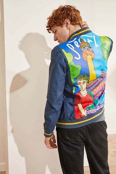 Deriderim Navy Blue Seoul Ikigai Hand Drawing Digital Printed Zippered Lined Men's Genuine Leather Bomber Coat