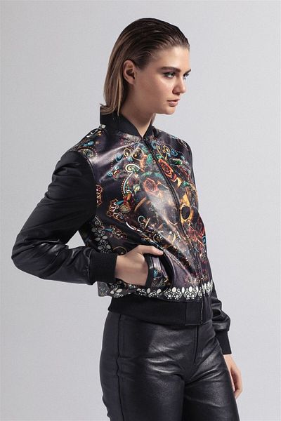 Deriderim Black Front and Back Skull Printed Waist and Sleeve Ribbed Sports Short Women's Genuine Leather Coat