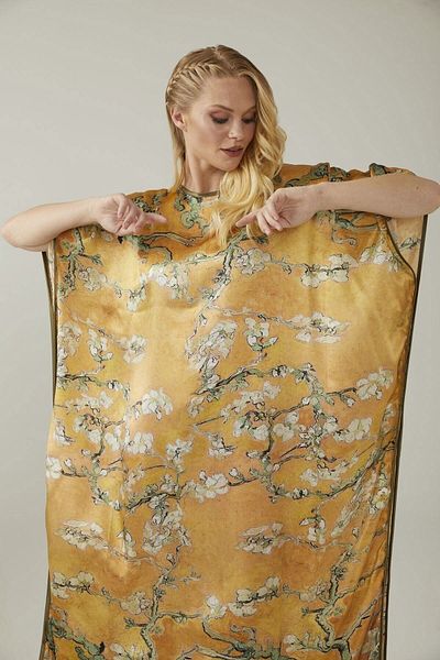 Deriderim Yellow Almond Blossoms Print Unlined Summer Satin Women's Silk Dress