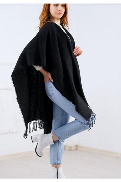 muezzabutık Luxury Plain Black Poncho