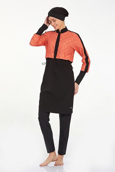 Adasea 4573-24 Μαύρο Μαγιό Hijab - Νερέα με σχέδιο
