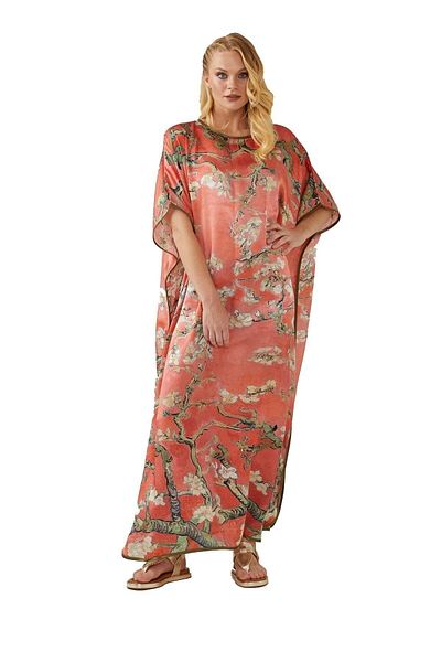 Deriderim Pomegranate Flower Almond Blossoms Print Unlined Summer Satin Women's Silk Dress