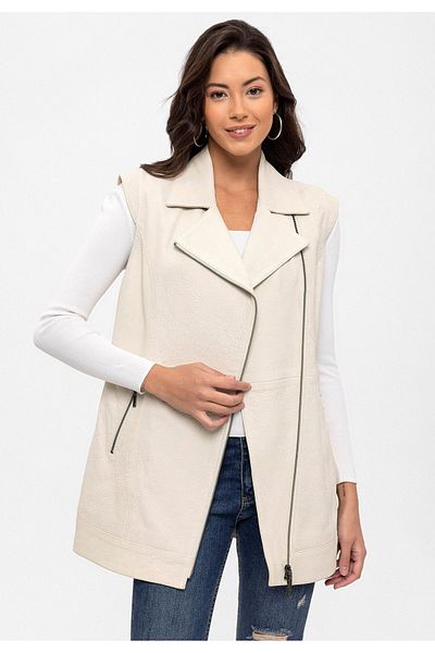 Deriderim White Maude Knitted Sleeves Detachable Long Zippered Lined Genuine Leather Women's Vest