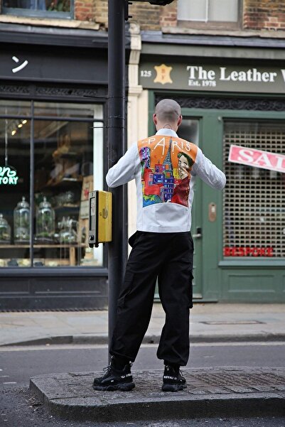 Deriderim Beyaz Paris Ikigai Özel El Çizimi Dijital Baskılı Fermuarlı Astarlı Erkek Hakiki Deri Mont