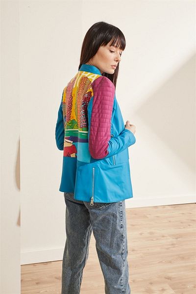 Deriderim Blue Ikigai The City Doha Printed Side Zippered Sleeves Stitched Biker Women's Genuine Leather Coat