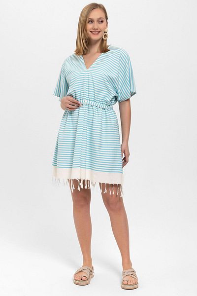Deriderim Turquoise White V-neck Sile Cloth Short Sleeve Cotton Summer Dress - Unlined