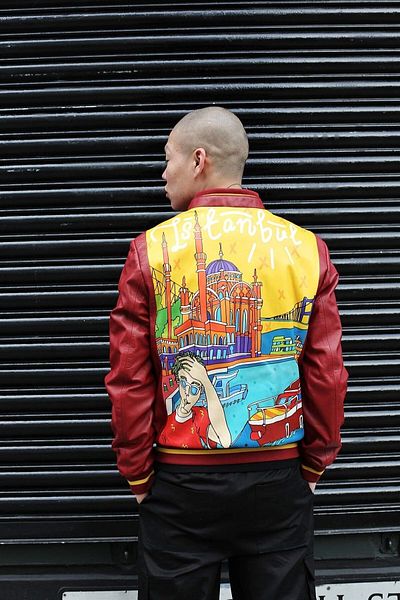 Deriderim Red Istanbul Ikigai Special Hand Drawing Digital Printed Zippered Lined Men's Genuine Leather Coat