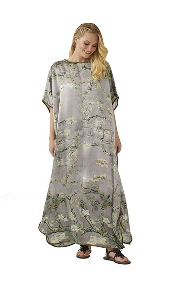 Deriderim Gray Almond Blossoms Print Unlined Summer Satin Women's Silk Dress