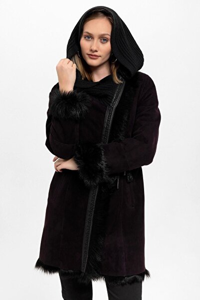 Deriderim Plum Seline Knitwear Hooded Genuine Leather Fur Coat