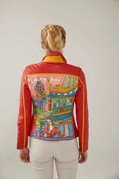 Deriderim Turuncu Ikigai The City Serisi Shangia Dijital Baskı Fermuarlı Astarlı Kadın Hakiki Deri Ceket