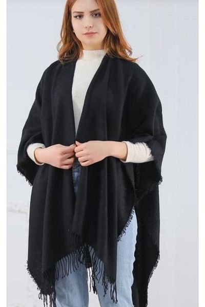 muezzabutık Luxury Plain Black Poncho