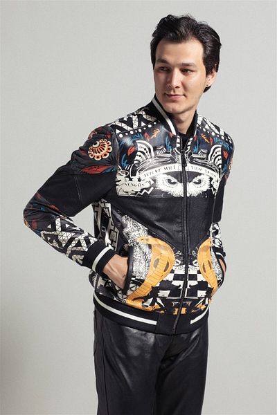 Deriderim Black Abstract Pattern Digital Printed Waist and Sleeve Knitted Lined Zippered Men's Genuine Leather Coat