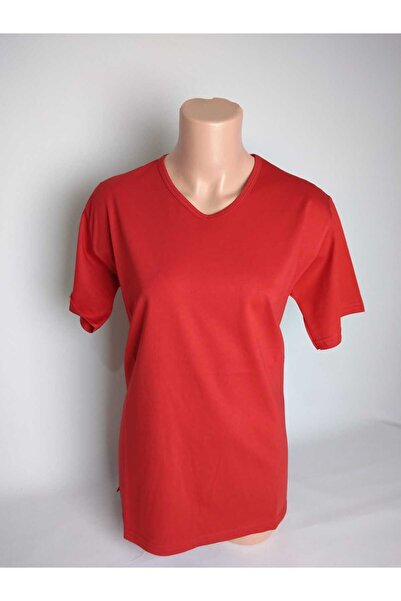 YAŞAR TRİKO Red V-Neck Slit Short Sleeve Mother's Combed Cotton T-Shirt Blous...