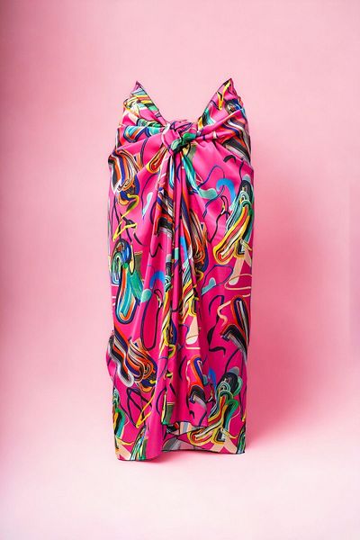 pistore Fuchsia Pink Geometric Patterned Long Pareo Satin Women's Beach Dress New Season