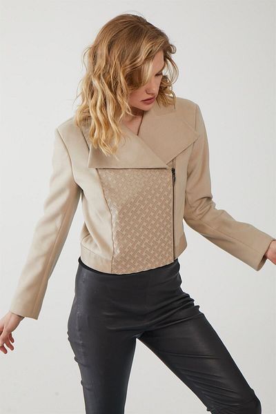 Deriderim Ellen Beige Palton scurt din piele naturală, căptușit cu fermoar, din lână