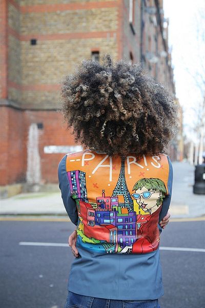 Deriderim Blue Ikigai The City Paris Printed Crew Neck Zippered Biker Women's Genuine Leather Coat
