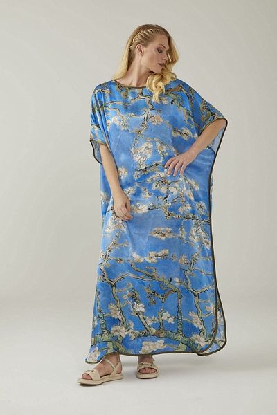 Deriderim Blue Almond Blossoms Print Unlined Summer Satin Women's Silk Dress