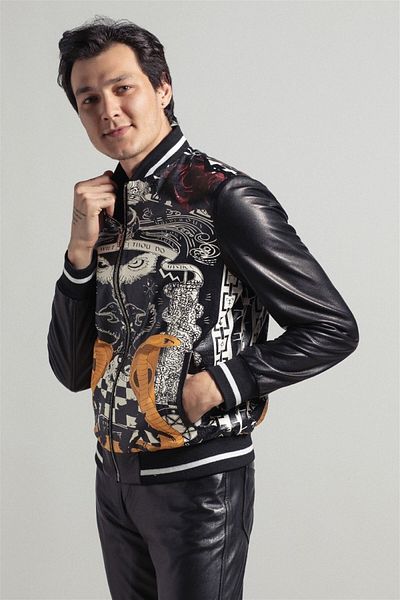 Deriderim Black Abstract Digital Printed Genuine Men's Leather Coat with Zippered Waist and Sleeve Knitwear