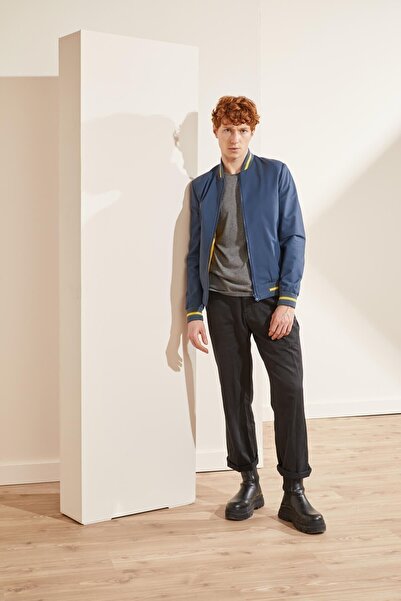 Deriderim Lacivert Seoul Ikigai El Çizimi Dijital Baskılı Fermuarlı Astarlı Erkek Hakiki Deri Bomber Mont