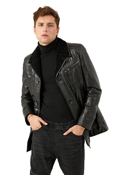 Deriderim Black Furry Inside Pocket Unlined Button Closure Slim Fit Jasper Men's Genuine Fur Coat