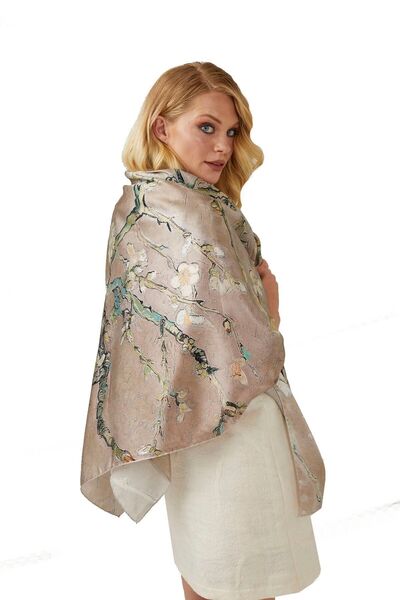 Deriderim Beige Almond Blossoms 140X140 Square Satin Silk Shawl Scarf