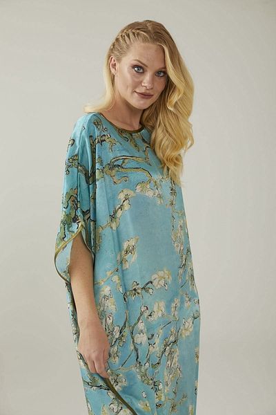 Deriderim Turquoise Almond Blossoms Print Unlined Summer Satin Women's Silk Dress