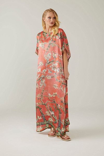 Deriderim Pomegranate Flower Almond Blossoms Print Unlined Summer Satin Women's Silk Dress