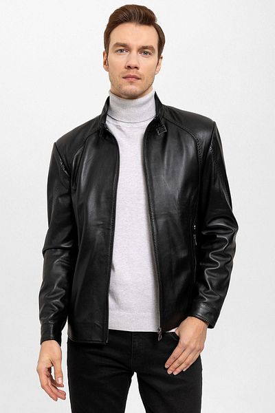 Deriderim Black Jady Collar Buckle Men's Genuine Leather Coat