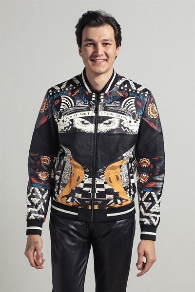 Deriderim Black Abstract Pattern Digital Printed Waist and Sleeve Knitted Lined Zippered Men's Genuine Leather Coat